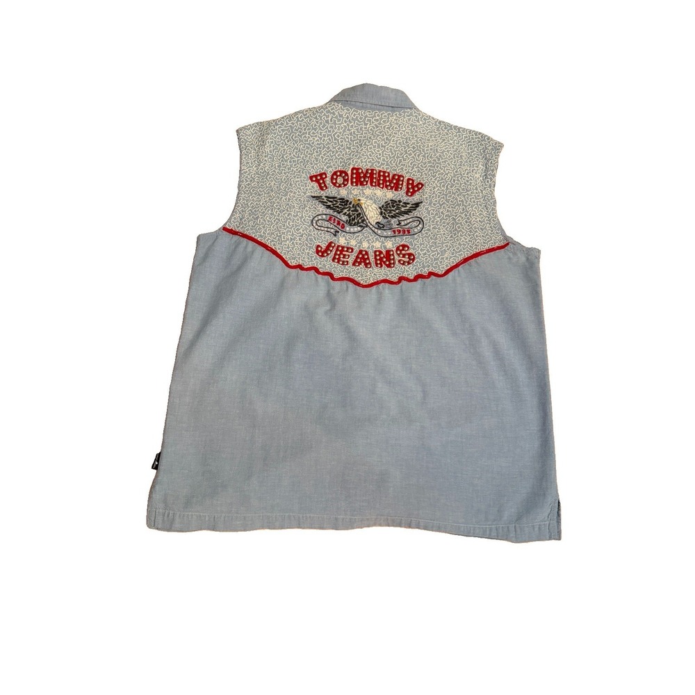 Vtg Tommy Hilfiger Y2K Denim Shirt Mens S Pearl Snap Embroidered Eagle Studs 90s